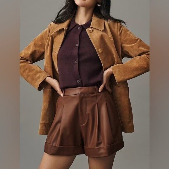 NWT Size 8 - Anthropologie Faux Leather Cuffed Shorts in Brown - Picture 3 of 16
